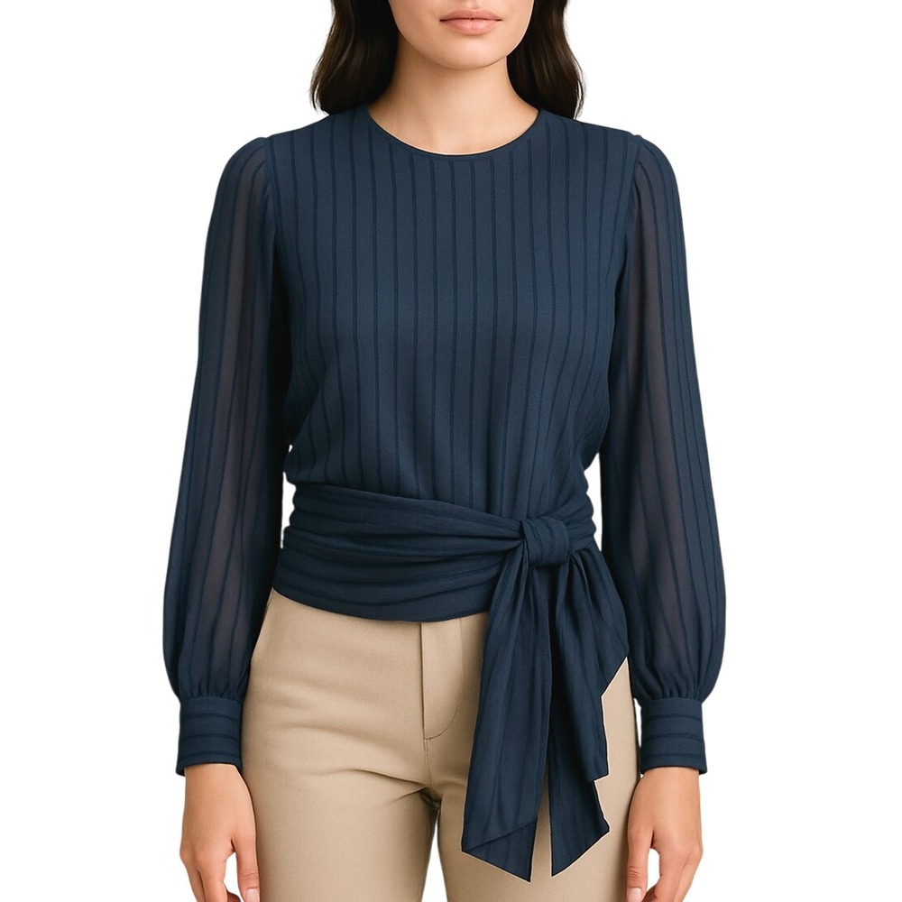 J.Crew 365 Navy Blue Striped Sheer Tie Waist Long Sleeve Blouse Size 0 New